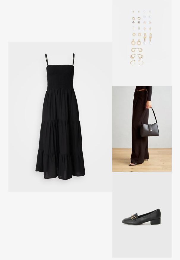 Svart, ermeløs kjole med en tettsittende smocked overdel og en lagdelt, bølgende skjørt. Laget av lett stoff, med justerbare stropper.; Sorte skinnloafers med flat hæl, med dekorativ detalj i gull foran og en jevn tekstur.; Svart håndveske med strukturert form, jevn tekstur og metallisk lås. Kombinert med brede svarte bukser og sandaler med åpen tå på tregulv.; Sett med gullfargede øredobber med ulike design, inkludert stikkere, hoops og hengende deler med perler og rhinestones.