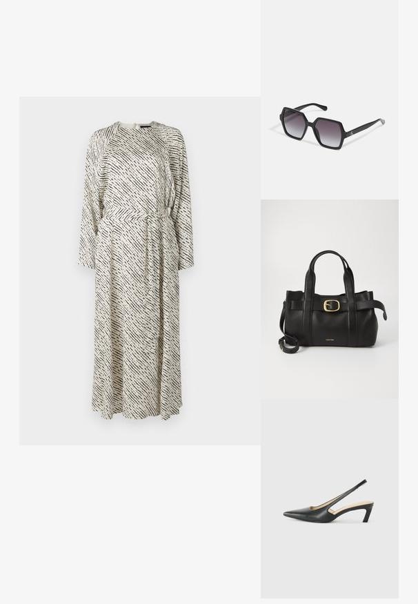 Lang kjole laget av lett stoff, med et svart og hvitt diagonalt mønster, lange ermer og knyttet midje.; Svart spiss tå slingback-sko med lav hæl, laget av jevnt skinnmateriale og med utskåret design på siden for pusteevne.; Svart sekskantede solbriller med gradientlinser, med en blank finish og subtil merkevareføring på stangen. Slitesterk plastkonstruksjon.; Svart lærveske med en strukturert design, doble topphåndtak, gullfarget spenneakent og preget merke-logo foran.