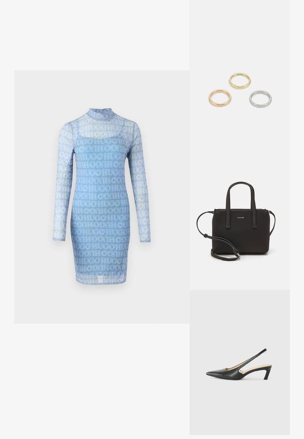 Vestido azul de manga larga hecho de un tejido transparente con un patrón repetido de logotipos "HUGO" en toda su superficie, con cuello alto y silueta ajustada.; Zapato negro de punta afilada tipo slingback con un tacón bajo, que presenta un material de cuero suave y un diseño recortado en el lateral para mayor transpirabilidad.; Bolso de mano negro con dos asas cortas y una correa de hombro removible. Material suave tipo cuero con cierre de cremallera y detalle del logo.; Tres anillos de metal: uno de oro rosado, uno de oro con acentos texturizados y uno de plata, todos con marcas grabadas en la parte interior.