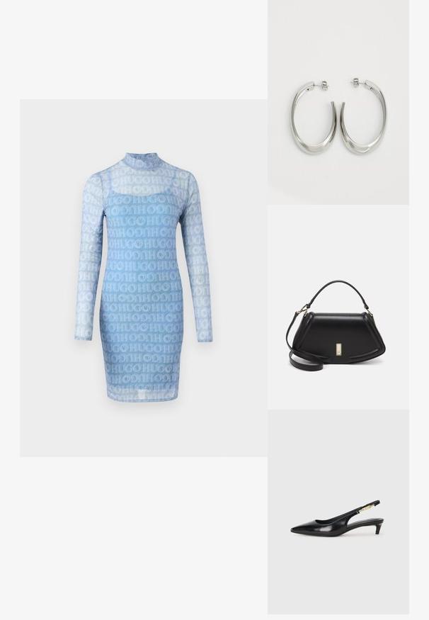 Blaues langärmliges Kleid aus transparentem Stoff mit einem ganzflächigen, wiederholten "HUGO"-Logo-Muster, hohem Kragen und taillierter Silhouette.; Schwarze Leder-Slingback-Pumps mit spitzem Schuhblatt, ausgestattet mit einem schlanken Absatz und einem goldfarbigen Akzent am verstellbaren Riemen. Glatte Textur.; Schwarze Lederhandtasche mit einem strukturierten Design, das eine verkürzte Form, einen oberen Griff und goldfarbene Hardware-Details aufweist. Verstellbarer Schulterriemen ist enthalten.; Silberne Creolen mit einem glatten, geschwungenen Design. Mit einem glänzenden metallischen Finish und Steckverschluss. Keine sichtbaren Muster oder Akzente.