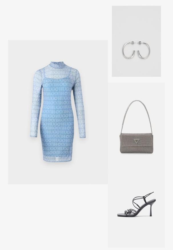 Abito lungo a maniche lunghe di colore blu, realizzato in tessuto trasparente, caratterizzato da un motivo a logo ripetuto "HUGO" su tutta la superficie, con colletto alto e silhouette aderente.; Sandali neri con tacco alto presentano sottili cinturini con design annodato, una punta quadrata liscia e un elegante tacco a spillo.; Borsa a mano metallica grigia chiara con tracolla a catena, impreziosita da piccoli chiodi metallici circolari e da un logo triangolare del marchio.; Orecchini a cerchio in argento con una finitura liscia e lucente. Forma arrotondata, design leggero, con chiusura a perno.