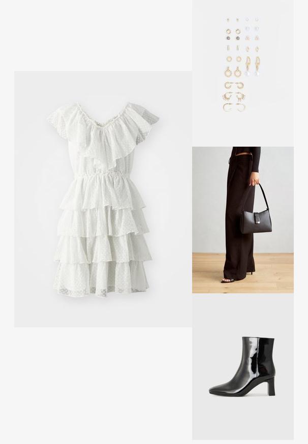 Balta, sluoksniuota suknelė su volanų rankovėmis ir surinkta juosmeniu. Pagaminta iš tekstūruoto audinio su taškeliais.; Juodos lakuotos odinės aulinukės su smailiu pirštu ir vidutinio aukščio blokuotu kulnu. Lygus paviršius ir minimalistinis dizainas.; Juodas rankinė struktūrizuota forma, lygi tekstūra ir metalinis užsegimas. Suporuota su plačiomis juodomis kelnėmis ir atvirais bateliais ant medinių grindų.; Auksiniai auskarai su įvairiais dizainais, įskaitant studus, žiedus ir kabančius modelius su perlų ir kristalų akcentais.