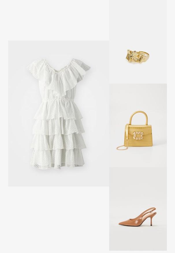 Biele tierované šaty s volánovými rukávmi a gumičkovým pásom. Vyrobené z texturovanej tkaniny s bodkovaným vzorom.; Sandal s úzkym podpätkom a špicatou špičkou v hladkej lesklej hnedej materiáli. Obsahuje zakrivený výrez a štíhly ihlový podpätok. Strieborný prackový detail.; Žltá falošná krokodília kabelka so štruktúrovaným dizajnom, horným držadlom, odnímateľným reťazovým popruhom a dekoratívnym kryštálovým ozdobením na zapínaní.; Zlatý prsteň s textúrovaným, vlnitým dizajnom, ktorý má tri výrazné vrcholy. Hladký, lesklý povrch a otvorený pásik pre nastaviteľné prispôsobenie.