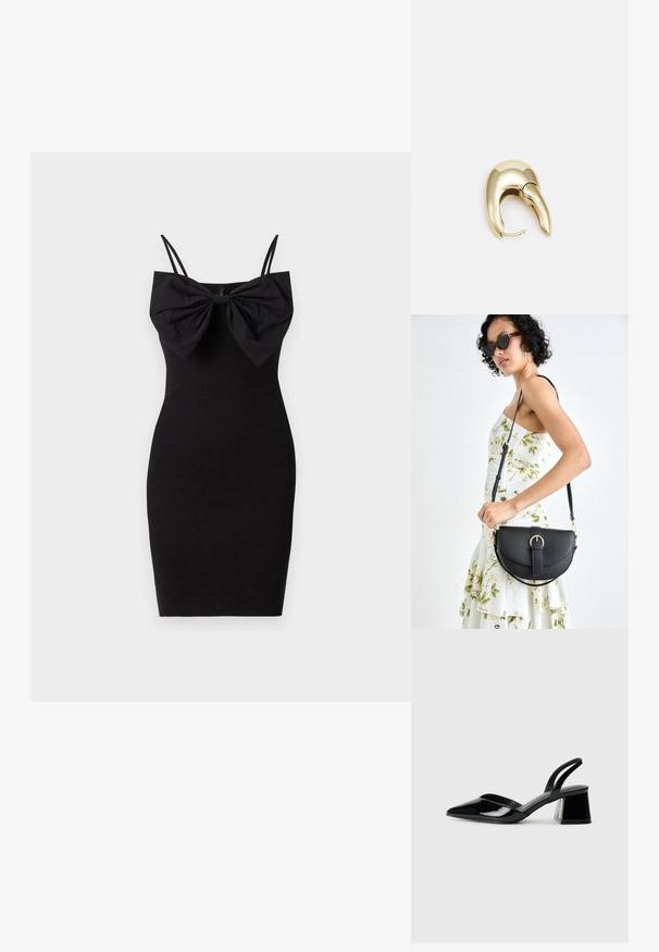 Musta tiukka mekko, jossa on suuri nauhadetaili kaula-aukossa, ohut säädettävä olkaimet ja sileä, venyvä kangas.; Mustat patentoitu nahkakengät, joissa on säären takaosa ja terävä kärki, sekä geometrinen palikkakorko. Sisältää tyylikkään, minimalistisen muotoilun ja sileän pinnan.; Musta nahkainen käsilaukku, joka on kaareva muotoilultaan, irrotettavalla hihnalla ja kultaisilla yksityiskohdilla. Laukussa on läppä, jossa on solk yksityiskohta.; Kultahipuinen korvakoru, jossa on sulavalinjainen, kaareva muotoilu. Ominaisuuksiin kuuluu erottuva terävä muoto, kiillotettu pinta ja sarana kiinnitys.