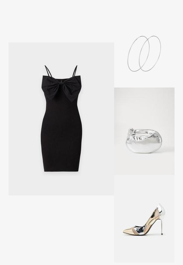 Zwarte getailleerde jurk met een grote strikdetail op de halslijn, voorzien van dunne verstelbare bandjes en een gladde, rekbare stofstructuur.; Puntige hoge hak schoenen met een zilver, goud en nude kleurenschema. Glanzende afwerking met uitsnijdingen en een stiletto hak.; Zilveren metalen pouch bag met een zachte, afgeronde vorm en een geknoopte sluiting aan de bovenkant. Gemaakt van soepel faux leren materiaal.; Zilveren hoepel oorbellen met een minimalistisch ontwerp. Cirkelvormig, gladde textuur en dun profiel. Lichtgewicht met een gepolijste afwerking.