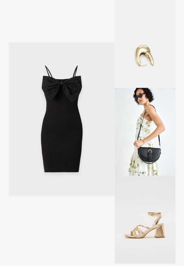 Zwarte getailleerde jurk met een grote strikdetail op de halslijn, voorzien van dunne verstelbare bandjes en een gladde, rekbare stofstructuur.; Gouden metallic gestileerde sandaaltjes met hoge hakken, voorzien van een straps ontwerp, vierkante blokhak en een verstelbare enkelband met een gesp. Gladde textuur.; Zwarte leren handtas met een gebogen vorm, afneembare schouderband en gouden hardware. De tas heeft een klep met een gespsluiting.; Gouden metalen oorbel met een slank, gebogen ontwerp. Beschikt over een kenmerkende puntige vorm, gepolijste oppervlakte en scharnier sluiting.