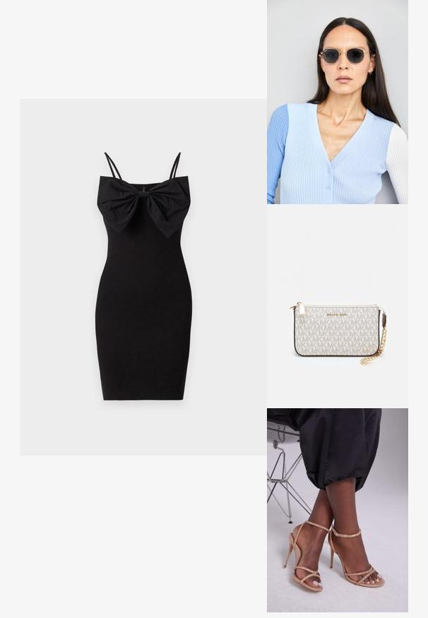 Crna priljubljena haljina s velikim mašnom na dekolteu, s tankim podešivim trakama i glatkom, rastezljivom teksturom tkanine.; Bež sandale s potpeticom, ukrašene kristalima, s otvorenim prstima, tankim trakama i elegantnom siluetom.; Ok Runde sunčane naočale s tamnim staklima i zlatnim okvirom. Model nosi svijetloplavi rebrasti kardigan s gumbima i kontrastnim bijelim rukavima.; Michael Kors novčanik na zapešću u bež premazanoj tkanini s ponavljajućim uzorkom MK loga, zlatnim hardverom i odvojivim lancem za nošenje.