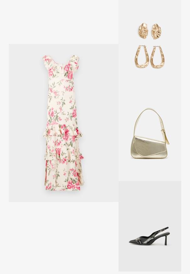 Robe maxi florale avec un fond ivoire, ornée de roses roses et de feuilles vertes, à manches volantées et à niveaux, faite d'un tissu léger.; Chaussure slingback en cuir verni noir avec un embout pointu, des brides de cheville avec des boucles en argent et des éléments en métal, et un talon fin.; Sac à main en métal doré avec un design structuré, texture lisse et bandoulière ajustable. Présente une forme triangulaire unique et des coutures minimalistes.; Boucles d'oreilles dorées présentant des formes texturées et ondulées. Comprend des clips sculpturaux et un design de créoles ouvertes avec une finition martelée.