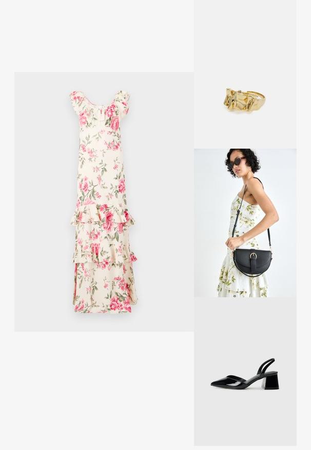 Maxi sukienka w kwiaty na kremowym tle, z różowymi różami i zielonymi liśćmi, z falbaniastymi rękawami i warstwami, wykonana z lekkiego materiału.; Czarne lakierowane półbuty na obcasie z wydłużonym noskiem i geometrycznym słupkiem. Charakteryzują się eleganckim, minimalistycznym designem oraz gładką fakturą.; Czarna skórzana torebka o zakrzywionym kształcie, z odpinanym paskiem i złotymi akcentami. Torebka posiada klapę z zapięciem w kształcie klamry.; Złoty pierścionek o teksturowanym, falistym wzorze z trzema wyraźnymi szczytami. Gładka, błyszcząca powierzchnia z otwartą obrączką dla regulowanego dopasowania.
