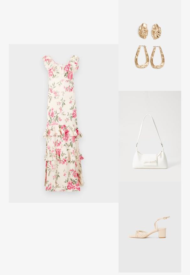 Blomstrete maxikjole med elfenbensbakgrunn, prydet med rosa roser og grønne blader, med volanger på ermene og lag, laget av lett stoff.; Beige stroppete høye sandaler med firkantet tå, tvunnet frontdesign, ankelstropp og blokkhæl. Glatt tekstur, minimalistisk stil.; Hvit syntetisk håndveske med trekantet form, flat klaff foran og sløyfe detaljer, justerbar stropp, glatt tekstur og minimalistisk design.; Gullfargede øredobber med teksturerte, bølgete former. Inkluderer skulpturelle klipsstuds og åpen hoop-design med en hamret finish.
