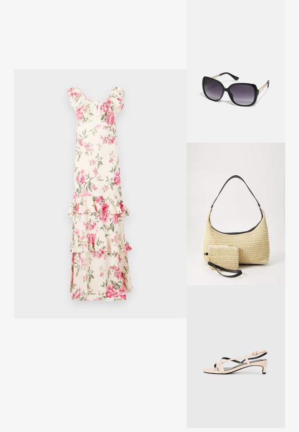 Virágmintás maxi ruha tört fehér alapon, rózsaszín rózsákkal és zöld levelekkel, fodros ujjakkal és rétegekkel, könnyű anyagból készült.; Beige bőr női szandál, keresztpántos kialakítással, alacsony sarokkal és fekete kiegészítőkkel. Simogató tapintás és minimál stílus.; Fekete, oversize napszemüveg fokozatos árnyalatú lencsékkel, vastag kerettel és arany színű lánc díszítéssel a szárakon.; Fonott szalmakézi táska ívelt sziluettel, sima fekete bőrszíjjal és egy hozzá illő, csuklószíjjal rögzített kis tasakkal.