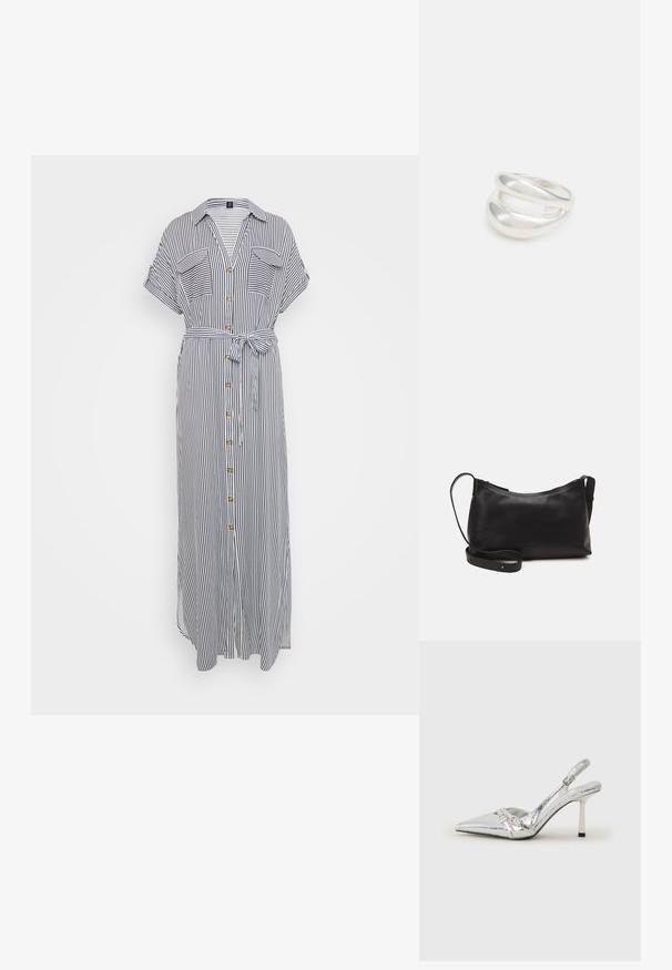 Črtasta maksi obleka v modri in beli barvi, s kratkimi rokavi, žepi na prsih, zapiranje z gumbi spredaj, vezan pas v pasu, lahkotna tkanina z gladko teksturo.; Srebrna slingback visoka peta čevlja s špičastim nosom, metalnim finišem, dvema dekorativnima trakama in tanko peto z črnim vrhom.; Črna usnjena torba čez ramo z gladko teksturo, ukrivljeno obliko, nastavljivim trakom in zadrgo. Minimalističen dizajn brez okrasnih detajlov.; Srebrn dvojni prstan z gladko, polirano površino. Ima tekoč, ukrivljen dizajn z prekrivajočimi se sekcijami za sodoben videz.