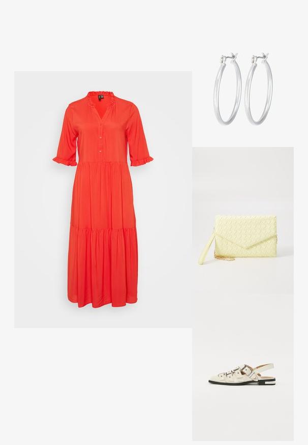 Sarkans, garš maxi kleita ar pogām aizdara kaklu, trīs ceturtdaļu piedurknēm ar volāniem un slāņotu svārku dizainu. Gluda auduma tekstūra.; Baleta sandalītes baltā ādā ar vairākiem platām siksnām un sudraba sprādzēm; plakana zole ar mazu melnu papēdi un metalizētām akcentiem.; Dzeltena austs kabata ar atloku dizainu, noņemamu plaukstas siksnu un zeltītu ķēdes akcentu. Gluda tekstūra un taisnstūra forma.; Sudraba riņķveida auss gredzeni ar gludu, pulētu apdari. Apaļa forma un drošs klikšķa augšējais slēgums. Viegls dizains, kas piemērots ikdienas valkāšanai.