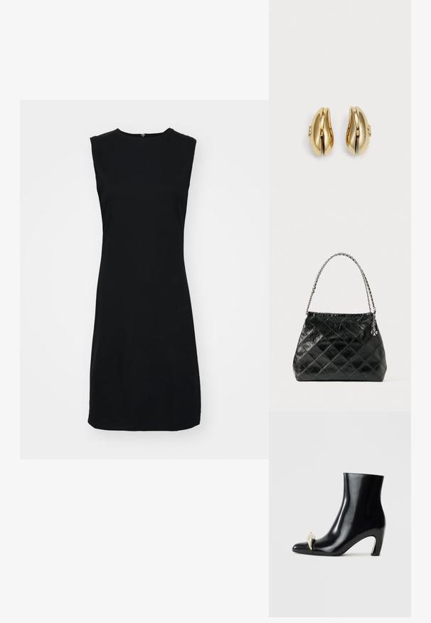 Musta ilmanhiha dressi, jossa on korkea kaula-aukko, valmistettu sileästä kankaasta. Suora siluetti ja hieman kapeneva helma. Ei näkyvää varustusta.; Mustat nilkkurit, jotka on valmistettu kiiltävästä nahasta, ja joissa on terävä kärki sekä koristeellinen kultainen ja hopeinen aksentti edessä. Laiton korko.; Musta tikattu nahkalaukku, jossa hopeinen ketjuvannettava, rakenteellinen muotoilu ja sileä pinta.; Korvatekniikalla muotoillut kultasävytteiset korvakorut. Jokaisessa korvakorussa on sileäpintainen pinta ja pieni lukko, jossa on koristeellinen yksityiskohta.