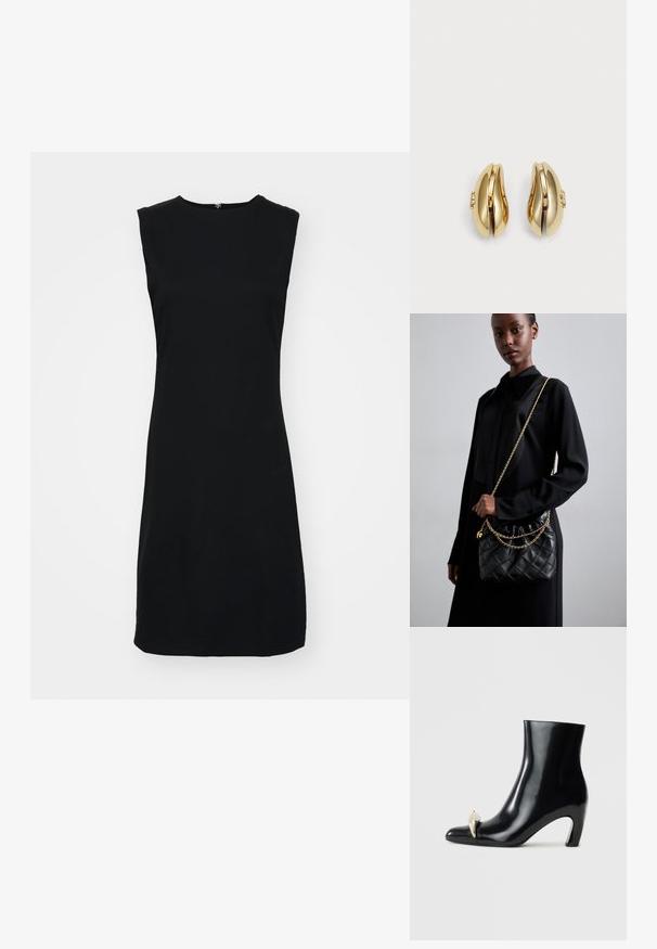 Musta ilmanhiha dressi, jossa on korkea kaula-aukko, valmistettu sileästä kankaasta. Suora siluetti ja hieman kapeneva helma. Ei näkyvää varustusta.; Mustat nilkkurit, jotka on valmistettu kiiltävästä nahasta, ja joissa on terävä kärki sekä koristeellinen kultainen ja hopeinen aksentti edessä. Laiton korko.; Mustakvadratisti nahkakäsine, jossa on kerätty yläosa, kultaketjuolkaimet ja suorakaiteen muotoinen rakenne, pidettyä yksinkertaista taustaa vasten.; Korvatekniikalla muotoillut kultasävytteiset korvakorut. Jokaisessa korvakorussa on sileäpintainen pinta ja pieni lukko, jossa on koristeellinen yksityiskohta.