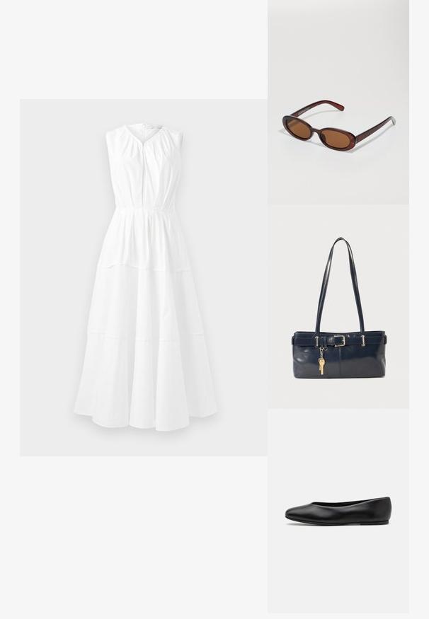 Valkoinen hihaton mekko, jossa on pyöreä kaula-aukko, kerrostettu yläosa ja kerroksellinen A-linjainen hame, joka on valmistettu sileästä ja kevyestä kankaasta.; Paul Smith TOPANGA - Ballerinat - black; Pyöreät, ruskehtavat aurinkolasit, joissa on kiiltävä burgundinpunainen runko. Kapeat sivut, joissa on hienovarainen brändäys. Litteät linssit.; La handbagin sininen nahka, jossa on kaksi pitkää kahvaa, Buckle-yksityiskohta ja avaimenperä kiinnitettynä. Sen pinta on sileä ja muoto on suorakulmainen.