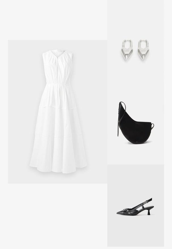Bela brezrokavna obleka z okroglim izrezom, nabranim korpusom in plirati A-linije, izdelana iz gladkega, lahkotnega materiala.; Črne usnjene sandale središnje zaponke z ostro konico, okrasnimi trakovi z kovinskimi očesi in nizko blokasto peto. Teksturirana površina.; Črna usnjena torbica v obliki ukrivljenega meseca, z ozkim ročajem in diskretnim zlatim logotipom spredaj. Gladka tekstura z minimalno kovinsko opremo.; Srebrni ključavnice v obliki srca z vgraviranima besedama "DA" in "NE", s poliranim zaključkom, simetričnim dizajnom in robustnim kovinskim nosilcem.