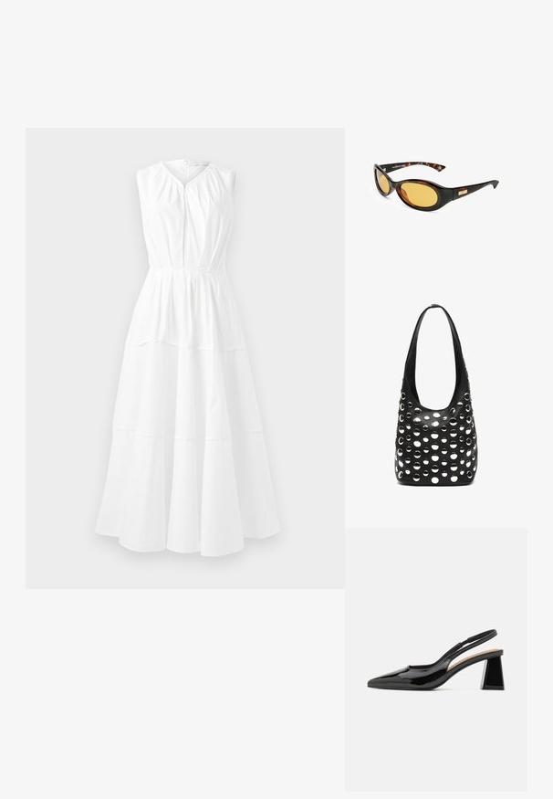 Biała bezrękawnikowa sukienka z okrągłym dekoltem, marszczoną górą i warstwową spódnicą w kształcie litery A, wyróżniająca się gładkim, lekkim materiałem.; Czarne lakierowane szpilki z odkrytymi piętami i spiczastym noskiem, z unikalnym geometrycznym obcasem i gładką powierzchnią. Regulowany pasek dla wsparcia.; Okulary przeciwsłoneczne w kratkę w odcieniu żółtym, w kształcie owalnym. Gładka plastikowa oprawka, delikatnie w kształcie kociego oka, z złotym akcentem po boku.; Czarna skórzana torebka w stylu wiaderka z szerokim paskiem i dużymi srebrnymi okrągłymi ćwiekami dekorującymi powierzchnię.; Czerwone rzeźbiarskie kolczyki o błyszczącej powierzchni, z spiralnym wzorem i zaokrąglonymi kształtami, zamontowane na metalowych zatyczkach do mocowania.