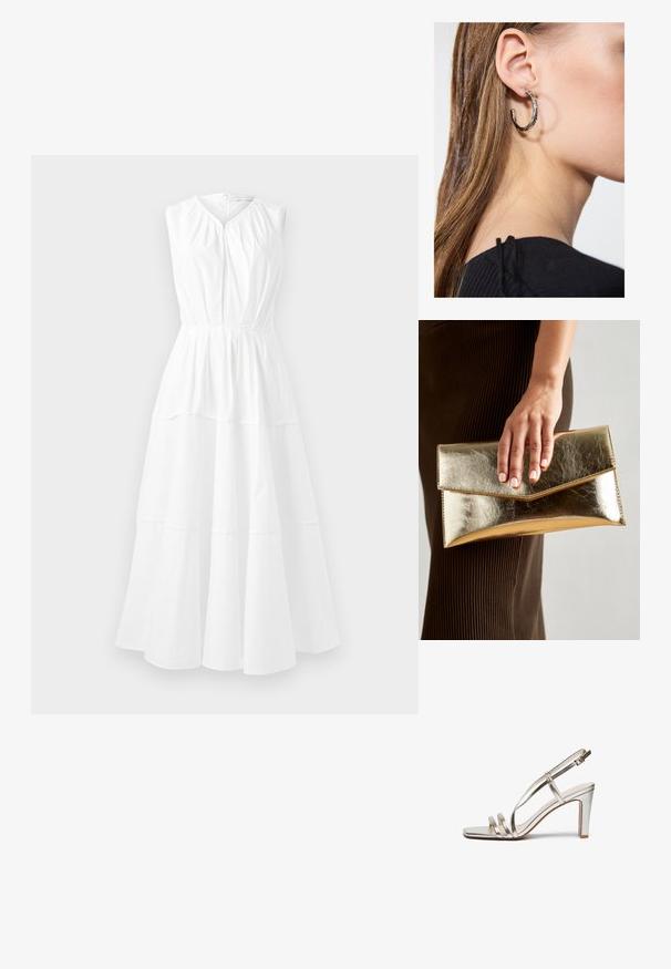Fehér ujjatlan ruha kerek nyakkivágással, ráncolt felsőrészsel és réteges A-vonalú szoknyával, sima, könnyű anyagból.; Fémes ezüst színű magassarkú szandál nyitott orral, három vékony pánttal a lábfejen és egy csatfüles bokapánttal.; Arany fémes clutch táska sima textúrával, háromszög alakú csattal. A kéz, amely tartja, szépen manikűrözött körmökkel rendelkezik.; Ez egy ezüst fülbevaló, sima felülettel, amelyen apró arany díszítőelemek találhatók. Kerek formájú és a fülcimpán viselik.