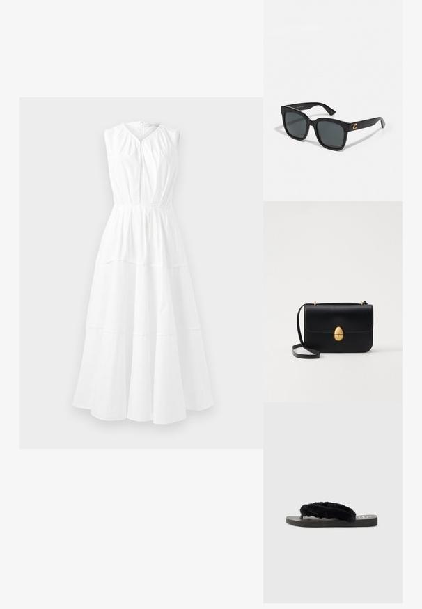 Rochie albă fără mâneci, cu decolteu rotund, cu un bust plisat și fustă în formă de A în straturi, având un material neted și ușor.; Sandale negre tip flip-flop cu două curele moi și pufoase, talpă din cauciuc plat și înveliș texturat pentru aderență. Design simplu într-o schemă de culori monocromă.; Ochelari de soare negri cu lentile rectangulare, având o finisare lucioasă și accente cu logo de aur pe brate. Lentilele de culoare gri închis oferă protecție UV.; Geantă de mână din piele neagră, cu o formă rectangulară structurată. Are un capac oval auriu și o curea subțire pentru umăr. Textură netedă.