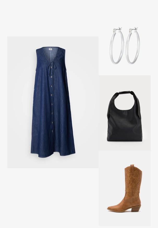 Tums tērps no džinsa, tumši zils, ar dziļu V veida izgriezumu, priekšējo pogu aizdari, šņorēšanas detaļu uz apkakles un sānu kabatām.; Brūni ādas kovboju zābaks ar norādītu purngalu, izšūtām viļņveida apakšējo detaļu un sakrautajiem blokiem. Iezīmēts ar velkšanas cilpu ērtai uzvilkšanai.; Melnas ādas rokassoma ar plašu atvērtu augšu un vienu plecu siksnu. Mīksta tekstūra, minimāls dizains, ar smalkiem metāla aksesuāriem.; Sudraba riņķveida auss gredzeni ar gludu, pulētu apdari. Apaļa forma un drošs klikšķa augšējais slēgums. Viegls dizains, kas piemērots ikdienas valkāšanai.