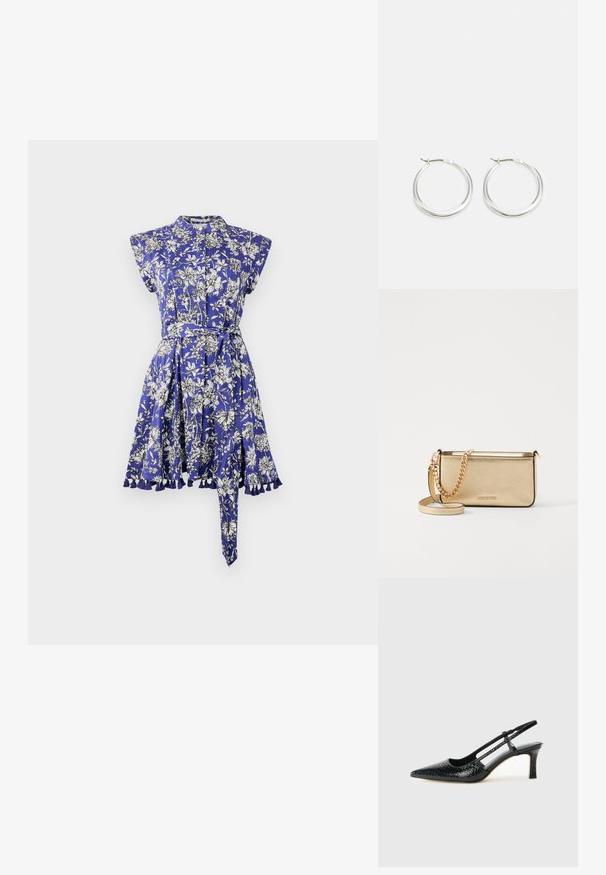 Zila ziedu kleita ar krekla apkakli, īsām piedurknēm un piekrītošu vidukli. Funkcionē ar izplestu svārku un volāna apakšmalu, papildināta ar saskaņotu jostu.; Melna patent āda ar slīdošo papēdi un smailo purngalu, ar teksturētu čūsku drukājumu, regulējamu siksniņu un īsu teksturētu blokpapēdi.; Metālisks zelta ādas klipsis ar teksturētu apdari, ar zelta ķēdes siksniņu un noņemamu pleca siksniņu. Zīmola logo iepresēts.; Sudraba riņķa auskariem ir gluda, noapaļota forma ar plānu profilu un drošu aizdari. Minimālistisks stils ar izpolētu apdari.