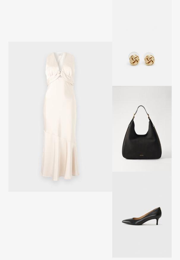 Robe maxi en satin d'un doux crème, dotée d'un décolleté en V profond et d'un détail de corsage tordu, avec un ourlet évasé et une texture lisse.; Pompe noire en cuir avec un embout pointu, un petit talon et une texture lisse. Présente une légère ouverture à l'avant et un matériel minimal à l'arrière.; MICHAEL Michael Kors NOLITA HOBO  - Sac à main - black; Boucles d'oreilles avec clou en métal doré et design torsadé. Chaque boucle d'oreille est dotée d'un arrière transparent circulaire pour un port sécurisé.