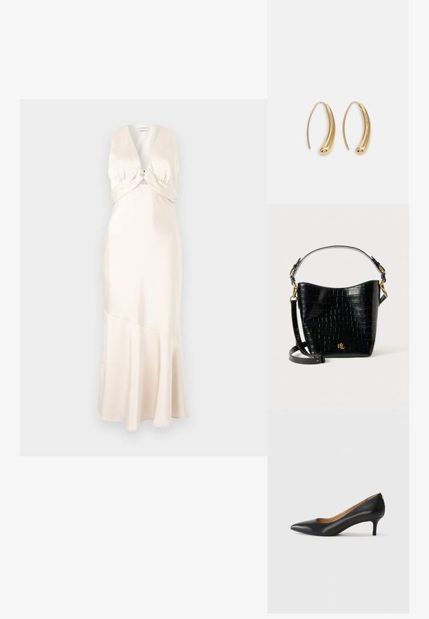 Satin maksi kleita maigi krēmkrāsā, ar dziļu V veida dekoltē un pagrieztu krūšu daļu, ar izplestu apakšu un gludu tekstūru.; Melnas ādas augstpapēžu kurpes ar pīlādžu purngalu, zemu papēdi un gludu virsmu. Raksturīga neliela atvere priekšā un minimāls aprīkojums aizmugurē.; Melnas krokodila raksts ādas soma ar izliekta formu, zelta aparatūru, regulējamu siksnu un logotipa detaļu priekšpusē.; Zelta toņu metāla gredzena auskari ar izliektu, pagarinātu formu. Ar gludu, spīdīgu virsma un noapaļotu galu papildu detaļām.