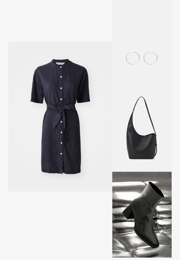 Jūrų mėlynos lino suknelė su trumpomis rankovėmis, mygtukų priekyje ir surištu juosmens dirželiu. Turi baltus mygtukus ir klasikinių apykaklės dizainą.; Juodos kulkšnies botai, pagaminti iš blizgaus medžiagos, su kvadratine padu ir siauru kulnu, prieš blizgiai sidabrinį pūsto audinio foną.; Juodas odinis hobo maišas su lygiu paviršiumi, kreipta forma ir viena reguliuojama rankena; turi platų atidarymą viršuje.; Sidabrinės auskarai žiedai su sėslia, apvalia forma, pasižymintys lygia paviršiumi ir be matomų puošmenų. Svoris nenurodytas.