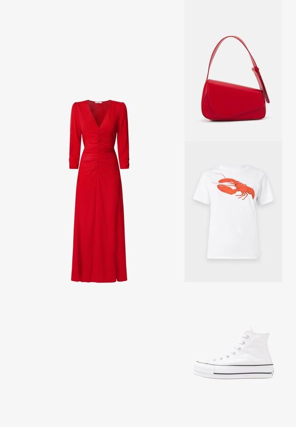 Robe rouge avec un décolleté en V, des manches trois-quarts et des détails froncés à la taille et dans le dos. Le tissu semble lisse et léger.; T-shirt en coton blanc avec un grand graphisme de homard rouge vif sur le devant. Manches courtes et design à col rond standard.; Baskets montantes en toile blanche avec semelle en caoutchouc noir, capuchon en caoutchouc à l'avant, et six œillets pour les lacets, présentant un design épuré et minimaliste.; Sac à main en cuir rouge avec un design angulaire et géométrique. Il dispose d'une seule sangle ajustable et d'une fermeture à rabat avec un detailing cousu.