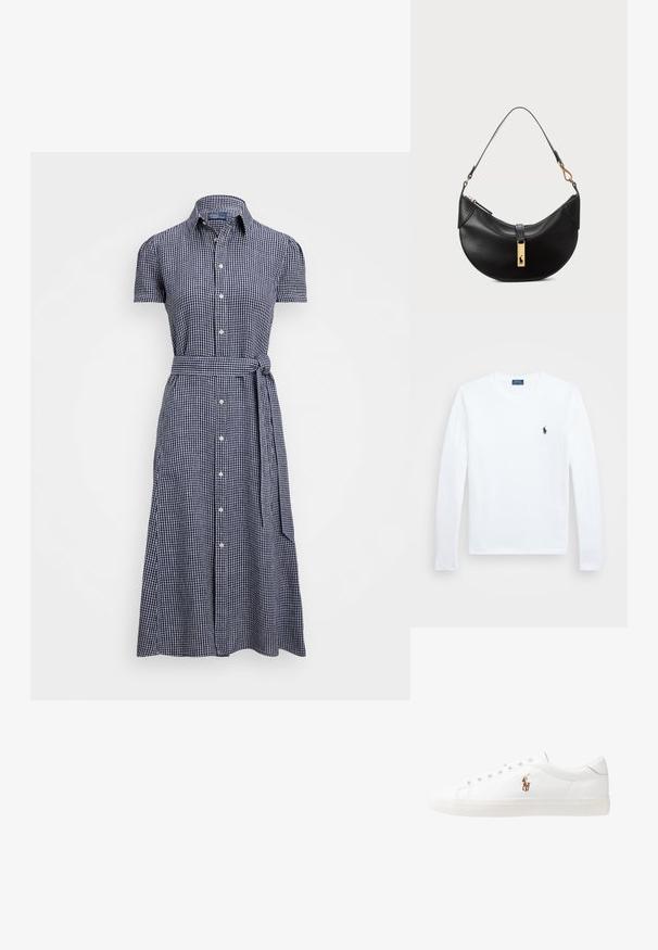 Kratso piedurkņu pogājams kleita tumši ziltā un baltā šaha rakstā, ar pievilktu jostasvietu un atbilstošu jostu, izgatavota no gaisīga auduma.; Balta garām piedurknēm krekls, kokvilnas materiāls, apaļa dekoltē, ar nelielu tumši zilu logotipu kreisajā krūtī. Vienkāršs dizains, regulāra piegriezuma.; Baltas ādas sporta apavi, zema dizaina, ar gludu tekstūru, noapaļotu purngalu, ar auklēm priekšpusē un nelielu izšūtu logotipu sānos.; Melnas ādas rokas soma pusmēness formas. Iezīmē zelta metāla akcentus un šauru siksniņu. Gluda tekstūra, rāvējslēdzēja aizdare augšpusē.