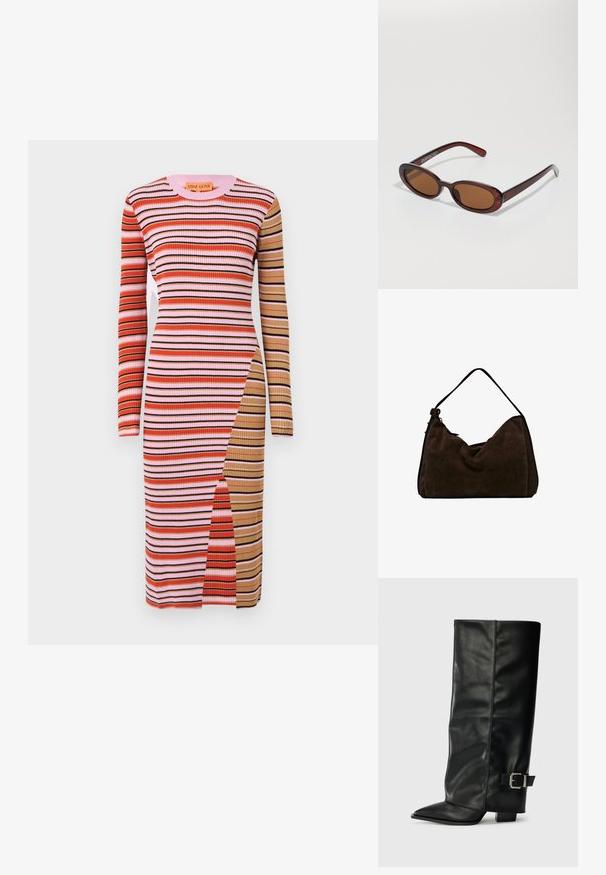 Žebrované šaty s dlouhým rukávem v vertikálních pruzích červené, růžové, černé a hnědé barvy, s bočním rozparkem a přiléhavým střihem.; Černé kožené kotníkové boty až po kotníky s špičatou špičkou, hladkým povrchem a stříbrnou sponou na boku. Masivní čtveritý podpatek.; Kulaté sluneční brýle hnědé barvy s lesklým burgundským rámem. Úzké nožičky s jemným logem. Rovné čočky.; Hnědá semišová hobo taška s měkkým, volným tvarem, která má jeden ramenní popruh a jemné švy podél okrajů.