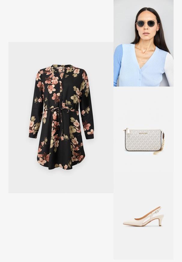 Černé šaty s květinovým vzorem v růžové a zlaté barvě, s dlouhými rukávy, zapínáním na knoflíky vpředu a zúženým páskem s tkaničkou.; Bílé lodičky na podpatku s špicatou špičkou, hladkým svrškem, nízkým blokovým podpatkem a designem s bočním výřezem se stahovací sponou.; Kulaté sluneční brýle s tmavými čočkami a zlatými rámy. Modelka má na sobě světle modrý žebrovaný kardigan s knoflíky a kontrastními bílými rukávy.; Kabelka na zápěstí Michael Kors v béžové potažené plátno s opakujícím se vzorem loga MK, zlatými kovovými doplňky a odnímatelným řetízkovým popruhem.