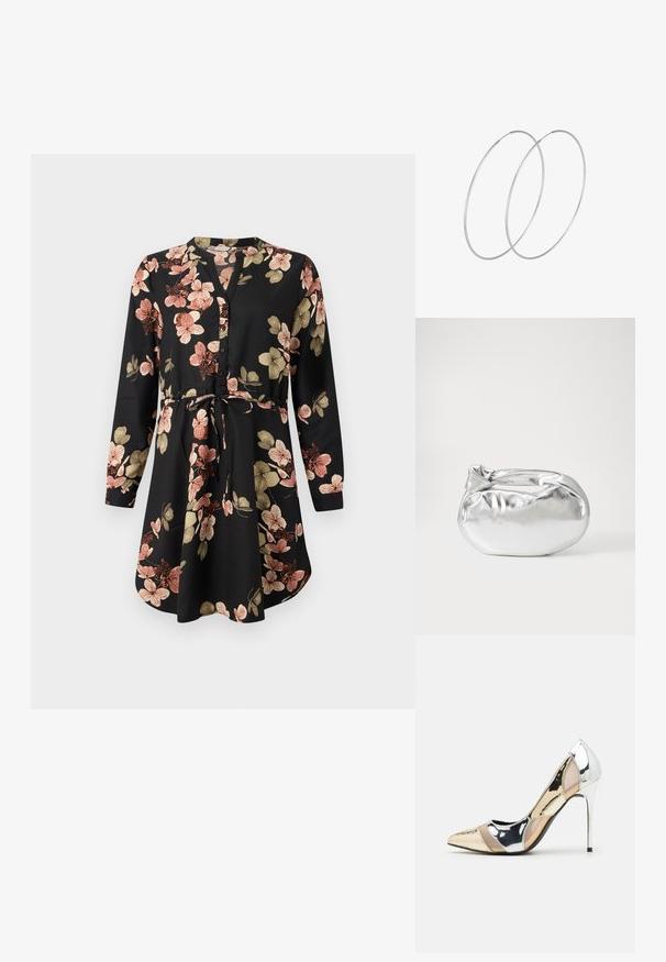 Černé šaty s květinovým vzorem v růžové a zlaté barvě, s dlouhými rukávy, zapínáním na knoflíky vpředu a zúženým páskem s tkaničkou.; Lodička s špičatou špičkou a kombinací stříbrné, zlaté a tělové barvy. Lesklý povrch s vykrojeným designem, s jehlovým podpatkem.; Stříbrná kovová taška s měkkým, zaobleným tvarem a uzávěrem s uzlem. Vyrobena z hladké umělé kůže.; Stříbrné kruhové náušnice s minimalistickým designem. Kruh, hladký povrch a tenký profil. Lehká konstrukce s lesklým povrchem.