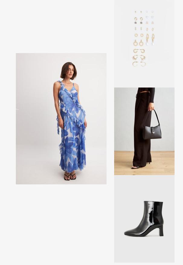 NA-KD RUFFLE DETAIL - Maksi suknelė - white blue floral; Juodos lakuotos odinės aulinukės su smailiu pirštu ir vidutinio aukščio blokuotu kulnu. Lygus paviršius ir minimalistinis dizainas.; Juodas rankinė struktūrizuota forma, lygi tekstūra ir metalinis užsegimas. Suporuota su plačiomis juodomis kelnėmis ir atvirais bateliais ant medinių grindų.; Auksiniai auskarai su įvairiais dizainais, įskaitant studus, žiedus ir kabančius modelius su perlų ir kristalų akcentais.