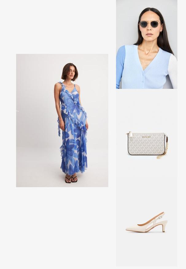 NA-KD RUFFLE DETAIL - Maksi suknelė - white blue floral; Balti slingback kulniukai su smailiu pirštu, lygia viršutine medžiaga, žemu blokuotu kulnu ir šoniniu išpjovimu su reguliuojamu sagtimi.; Apskriti saulės akiniai su tamsiais objektyvais ir auksiniais rėmeliais. Modelis vilki šviesiai mėlyną, raukinį kardiganą su mygtukais ir kontrastingomis baltomis rankovėmis.; Michael Kors rankinė smėlio spalvos dengto kanvoje su pakartotiniu MK logotipo raštu, auksinėmis detalėmis ir nuimamu grandininiu dirželiu.