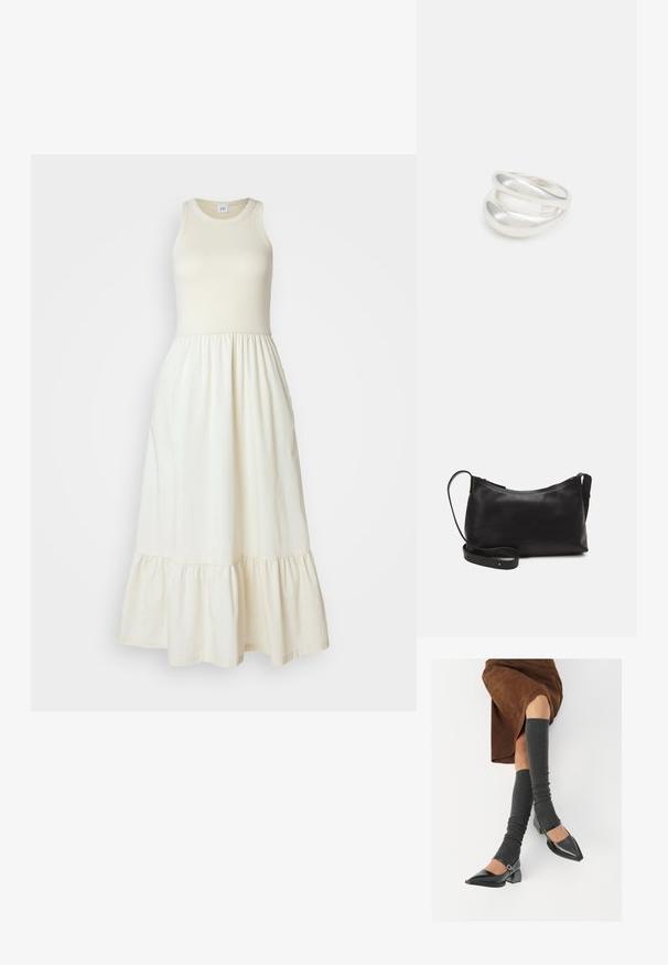 Gap Tall MIDI DRESS - Vardagsklänning - beige; Svarta lackläderskor med spetsig tå, blockklack och ankelrem, i kombination med grå ribbade benvärmare och en brun mockakjol.; Svart läder axelväska med en slät yta, rundad form, justerbar rem och dragkedjestängning. Minimalistisk design utan utsmyckningar.; Silver ring med dubbel band och en slät, polerad yta. Har en flödande, böjd design med överlappande sektioner för en modern stil.