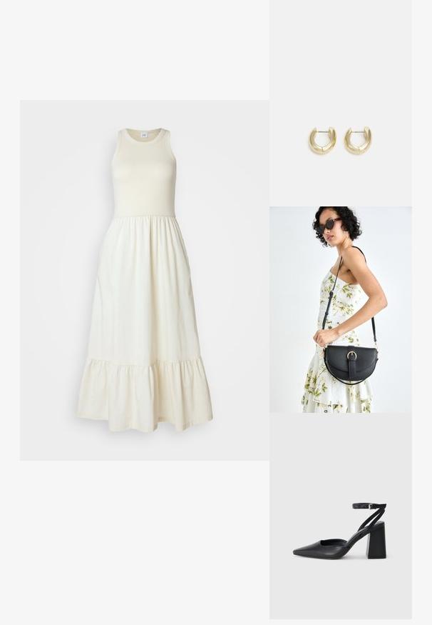 Gap Tall MIDI DRESS - Dnevna obleka - beige; Črne usnjene klasične čevlje z ostrim nosom, z zaponko za gleženj in debelim peto. Ravna tekstura, eleganten dizajn in minimalistična estetika.; Črna usnjena torbica s ukrivljeno obliko, z odstranljivo naramnico in zlatimi dodatki. Torbica ima pokrov s podrobnostmi v obliki zaponke.; Zlato-tonirani uhani v obliki obroča z gladko, polirano površino. Imajo obliko polkroga in varno zaponko na peto.