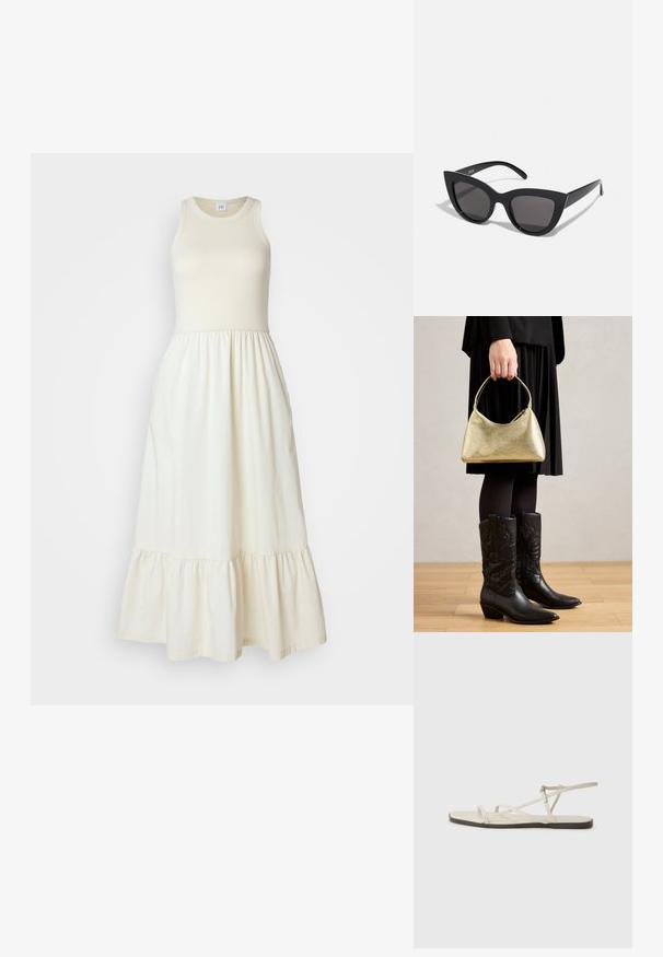 Gap Tall MIDI DRESS - Dienas kleita - beige; Bežīgas plakanas čības ar vairākiem plāniem siksniņām un regulējamu sprādzi. Zole ir plakana ar nelielu tumšu kontrastu malā.; Melnas kaķa acs saulesbrilles ar matētu apdari, ar pelēkiem tonētiem stikliem, izteiktiem stūriem un elegantiem sānu rokturiem. Zīmola nosaukums redzams uz iekšējā roktura.; Zeltīta, tekstūrēta rokassoma ar izliekumu un īsu rokturi, kuru tur persona, kas ģērbusies melnā plisētā svārku un melnās ādas kovboju zābakos.