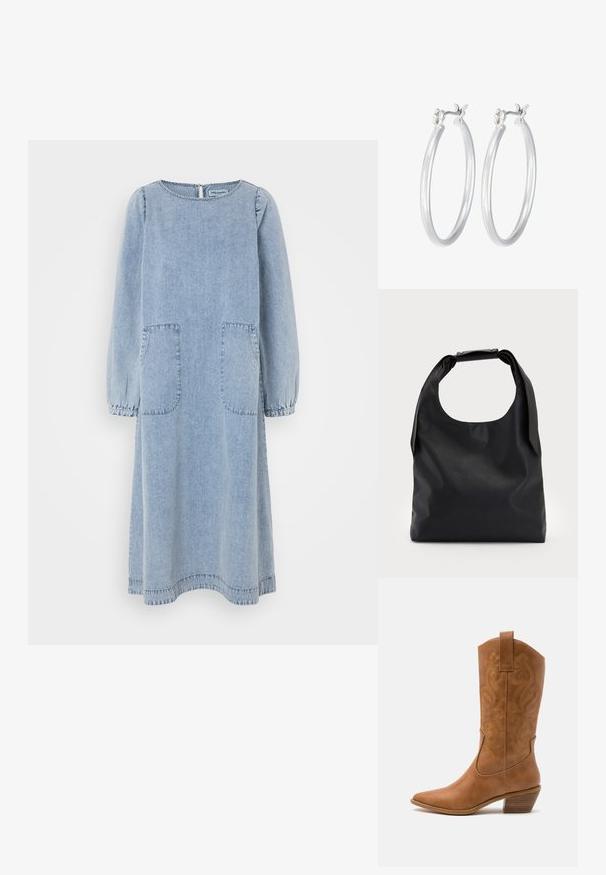 Svijetloplava traper haljina s dugim puf rukavima, okruglim izrezom i dva prednja džepa. Ima opušteni kroj i detalje sa šavovima.; Smeđe kožne kaubojke s oštrim nosom, izvezenim spiralnim uzorcima na gornjem dijelu i blok petom. Imaju potporu za lakše obuvanje.; Crna kožna hobo torba s jednim mekanim, zaobljenim ručkom; karakterizira je glatka tekstura i minimalistički dizajn. Nema vidljivih hardverskih detalja ili akcenata.; Srebrne kružne naušnice s glatkom, poliranom površinom. Okrugli oblik i sigurno kopčanje na klik. Lagani dizajn pogodan za svakodnevno nošenje.