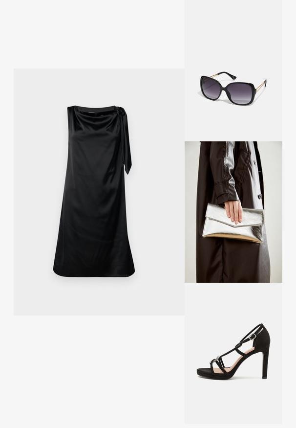 Fekete selyemruha laza fazonnal, ejtett nyakkivágással és oldalsó kötővel. Sima textúra és térd fölé érő kialakítás.; Fekete velúr magas sarkú szandál keresztezett pántokkal, díszes ezüstszínű akcentussal és emelt talprésszel a nagyobb magasságért.; Fekete, oversize napszemüveg fokozatos árnyalatú lencsékkel, vastag kerettel és arany színű lánc díszítéssel a szárakon.; Ezüst fém clutch, szögletes borítékszerű kialakítással, sima felülettel és kontrasztos belső színnel, amelyet egy fekete kabátot viselő kéz tart.