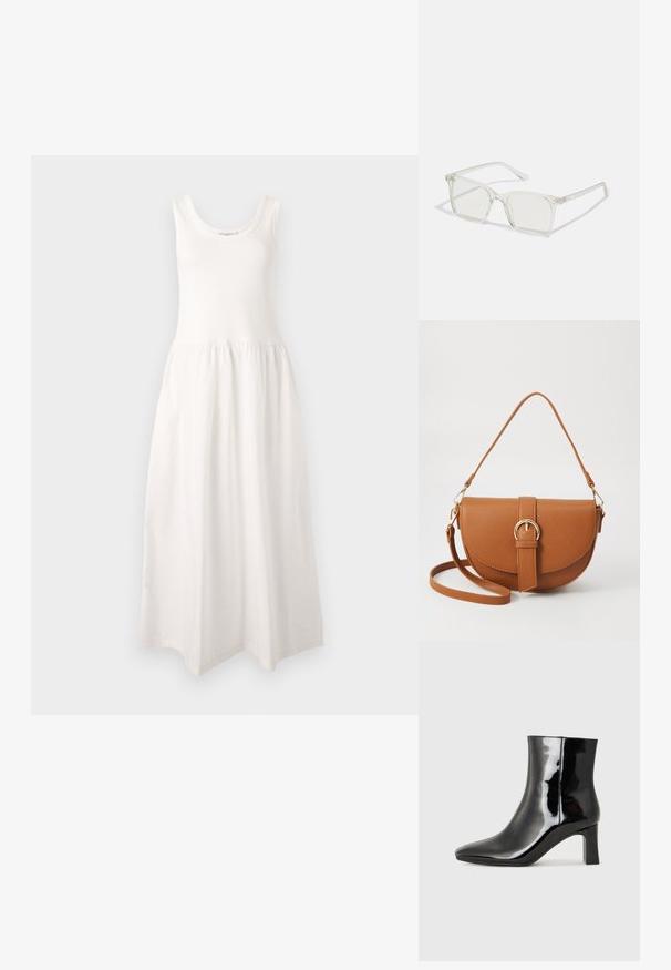 Vestido maxi branco, sem mangas, com um decote redondo, corpete ajustado e saia franzida, feito de um tecido suave e liso.; Botim de tornozelo em pele sintética preta com bico apontado e salto bloco de altura média. Textura suave e design minimalista.; Óculos quadrados de plástico transparente com lentes translúcidas, apresentando detalhes em dourado nas hastes.; Bolsa transversal de couro castanho com um formato curvado, ferragens douradas e um detalhe de fivela. Inclui uma alça de ombro destacável.