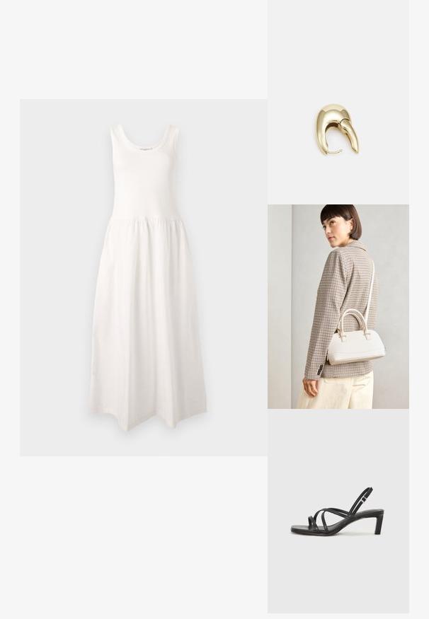 Biela, bezrukávová maxi šaty s okrúhlym výstrihom, priliehavým telom a nariasenou sukňou, vyrobené z jemnej, hladkej tkaniny.; Čierne sandále na vysokom podpätku so štvorcovou špičkou a nízkym blokovým podpätkom. Obsahujú viacero tenkých popruhov a nastaviteľný členkový popruh. Vyrobené z hladkej kože.; Biela štruktúrovaná kabelka s krátkymi rúčkami a ramenným popruhom, s zlatými kovovými prvkami a textúrovaným materiálom, vystavená na šedom pozadí.; Náušnice z kovu v zlatej farbe s elegantným, zakriveným dizajnom. Majú charakteristický špicatý tvar, leštený povrch a uzáver na pánt.