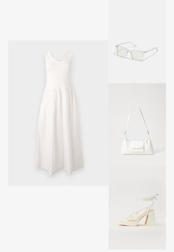 Weißes, ärmelloses Maxikleid mit rundem Ausschnitt, tailliertem Oberteil und gerafftem Rock, aus weichem, glattem Stoff gefertigt.; Weiße High-Heel-Sandale mit einem klobigen Absatz, die über ein Riemchendesign und ein Knöchelband verfügt. Glatte Textur mit einer Plattform vorne für zusätzliche Höhe.; Klare, quadratische Kunststoffbrillen mit durchsichtigen Gläsern, die goldene Akzente an den Bügeln für zusätzliche Details aufweisen.; Weiße synthetische Handtasche in dreieckiger Form, flache Vorderklappe und Schleifendetail, verstellbarer Trageriemen, glatte Textur und minimalistisches Design.