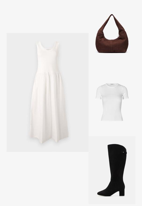 Bela, brezrokavna maksi obleka z okroglim izrezom, prilegajočim bodijem in zbrano krilo, izdelana iz mehkega, gladkega materiala.; Bela kratka majica s kratkimi rokavi iz rebrastega bombaža. Prilegajoč dizajn s krožnim izrezom in gladko teksturo. Brez vzorcev ali okrasnih elementov.; Črne semiš škornje do kolen s koničastim nosom in blok peto. Imajo gladko teksturo in preprost dizajn, s stranskim trakom kot poudarkom.; Rjava semiš torba hobo z ukrivljenim, širokim ročajem in velikim odprtjem. Mehka tekstura z vidnimi šivi ob robovih.