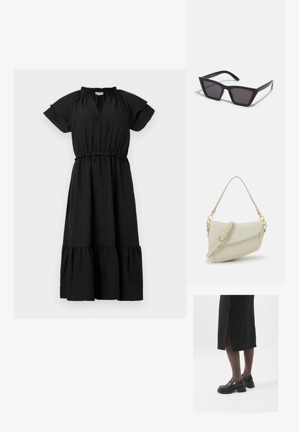 Crna haljina s kratkim, lepršavim rukavima, V-izrezom, elastičnim pojasom i višeslojnim, volanastim suknjom. Napravljena od lagane tkanine.; Crne kožne cipele s zaobljenim vrhom, debelim blok petama i elastičnim bočnim detaljima, uparene s tamnim čarapama i crnom suknjom s prorezom.; Crne, uglaste sunčane naočale sa sivoj lećama; izrađene od plastike, imaju debele nogice s glatkom površinom i bez vidljivih metalnih dijelova.; Mala krem torbica s teksturiranim finišom, dugačkim podesivim remenom, lančanim detaljem i preklopom. Zlaćani hardver.