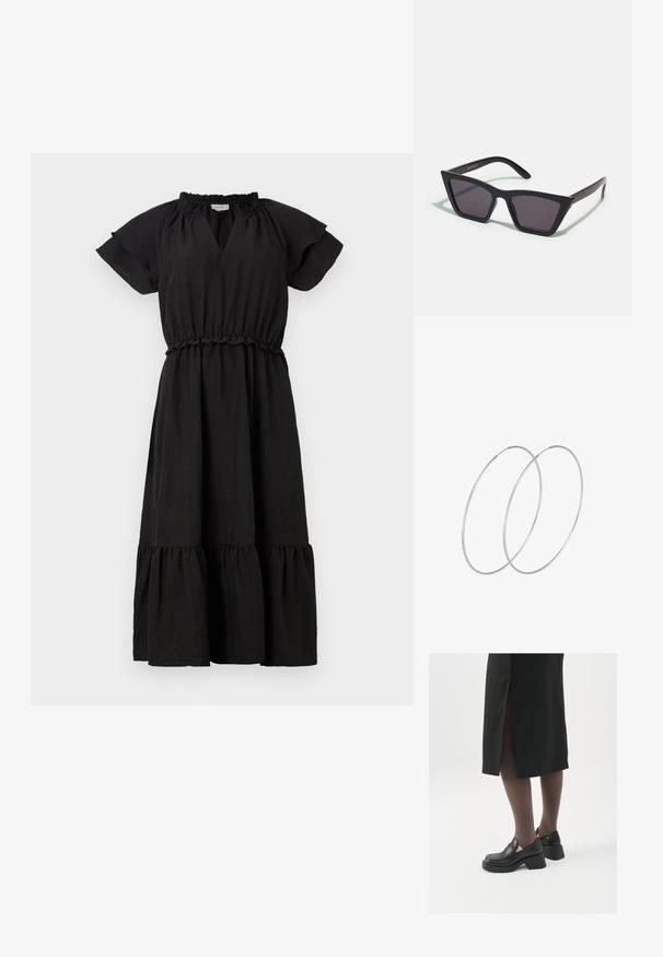 Črna obleka s kratkimi, letečimi rokavi, V-izrezom, elastičnim pasom in stopnjevasto, nabranim krilom. Narejena iz lahkotnega materiala.; Črne usnjene čevlje s zaobljenim prstom, debelim blokastim petama in elastičnimi stranskimi detajli, v kombinaciji s temno nogavicami in črno krilo z razporkom.; Črne, angularne sončne očala z sivimi lečami; izdelana iz plastike, imajo debele ročke z gladko površino in brez vidne opreme.; Srebrne uhane v obliki obroča z minimalističnim dizajnom. Krožna oblika, gladka tekstura in tanek profil. Lahki s poliranim zaključkom.