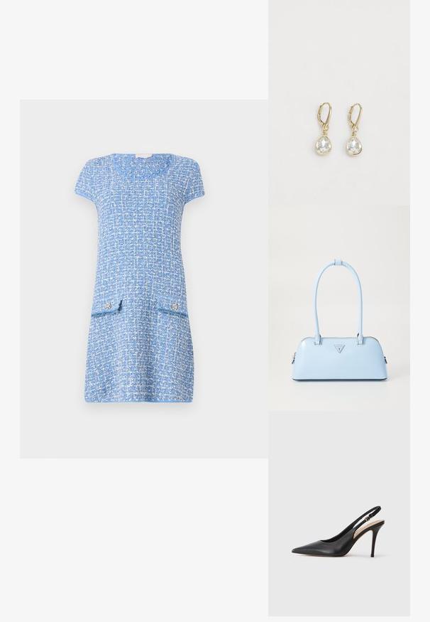 Rochie bleu deschis cu un model texturat, mâneci scurte, decolteu rotund și două buzunare frontale cu butoane decorative.; Pantofii cu toc înalt din piele neagră, cu vârf ascuțit, textură netedă și o curea delicată cu o cataramă metalică.; Geantă de mână bleu deschis, cu o formă structurată, din piele netedă, două mânere și un logo de brand triunghiular pe față. Închidere cu fermoar.; DKNY TEARDROP - Cercei - gold-coloured