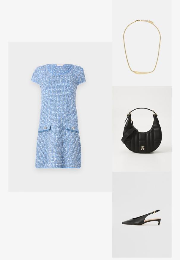 Világoskék ruha texturált mintával, rövid ujjakkal, kerek nyakkivágással és két elülső zsebbel, amelyek díszgombokkal vannak ellátva.; Fekete bőr slingback sarkú cipő, hegyes orral, alacsony sarokkal és állítható bokapánttal, aranyszínű csattal. Simább textúra.; Fekete bőrtáska ívelt formával, steppelt textúrával és arany hardware-rel. Levehető vállpánttal és logó részlettel rendelkezik.; Aranyozott nyaklánc sima, ívelt középső díszítéssel. Rugalmas lánccal rendelkezik, homárzárral és további állítható láncszemekkel.