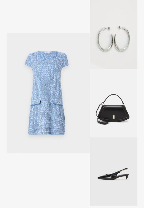 Lyseblå kjole med teksturert mønster, korte ermer, rund halslinning, og to frontlommer med dekorative knapper.; Sorte lærreim hæler med spiss tå, som har en slank hæl og en gullfarget detalj på den justerbare stroppen. Glatt tekstur.; Sort lærveske med en strukturert design, som har en avkortet form, topphåndtak og detaljer i gull. Justerbar skulderstropp inkludert.; Sølvøreringer med en jevn, buet design. Har en blank metallisk finish og en studlås. Ingen synlige mønstre eller aksenter.